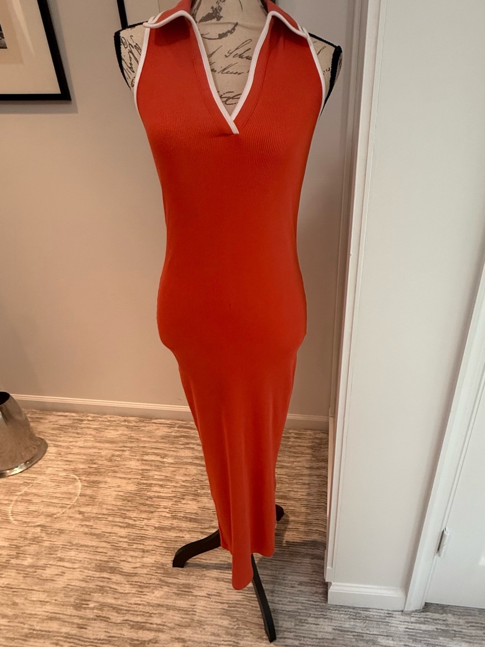 Veronica Beard Orange Ribbed V-Neck Maxi Dress with White Trim